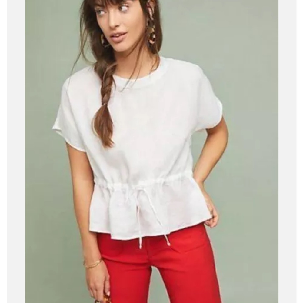 Anthropologie Cloth & Stone Medium White Linen Short Sleeve Blouse